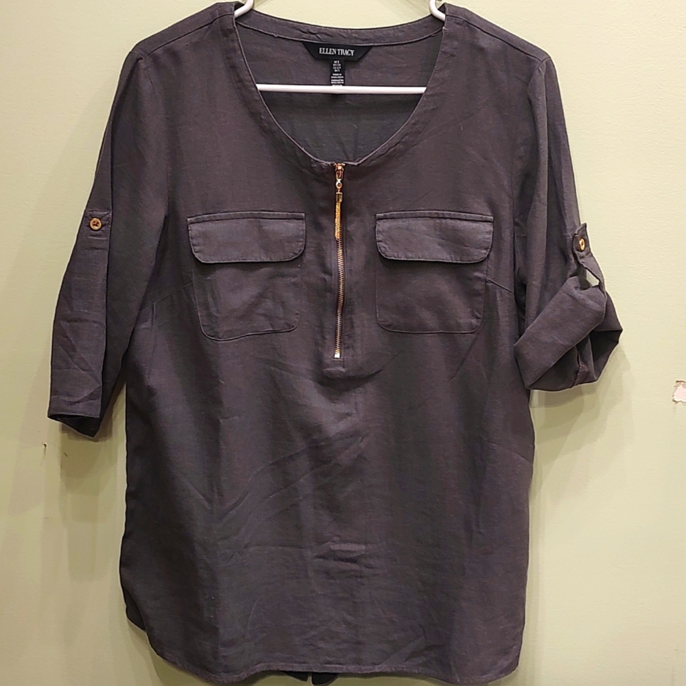 New Ellen Tracy Pure Linen Top Color is Iron Gold Tone Zipper and Chain Tassel